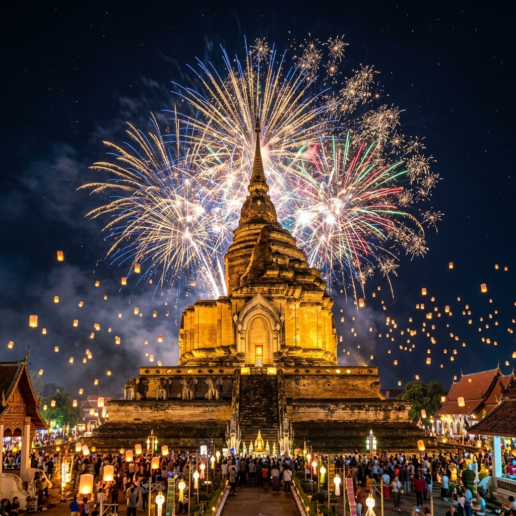 Fireworks over Wat Chedi Luang