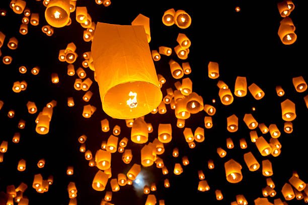 Glowing sky lanterns filling the night sky